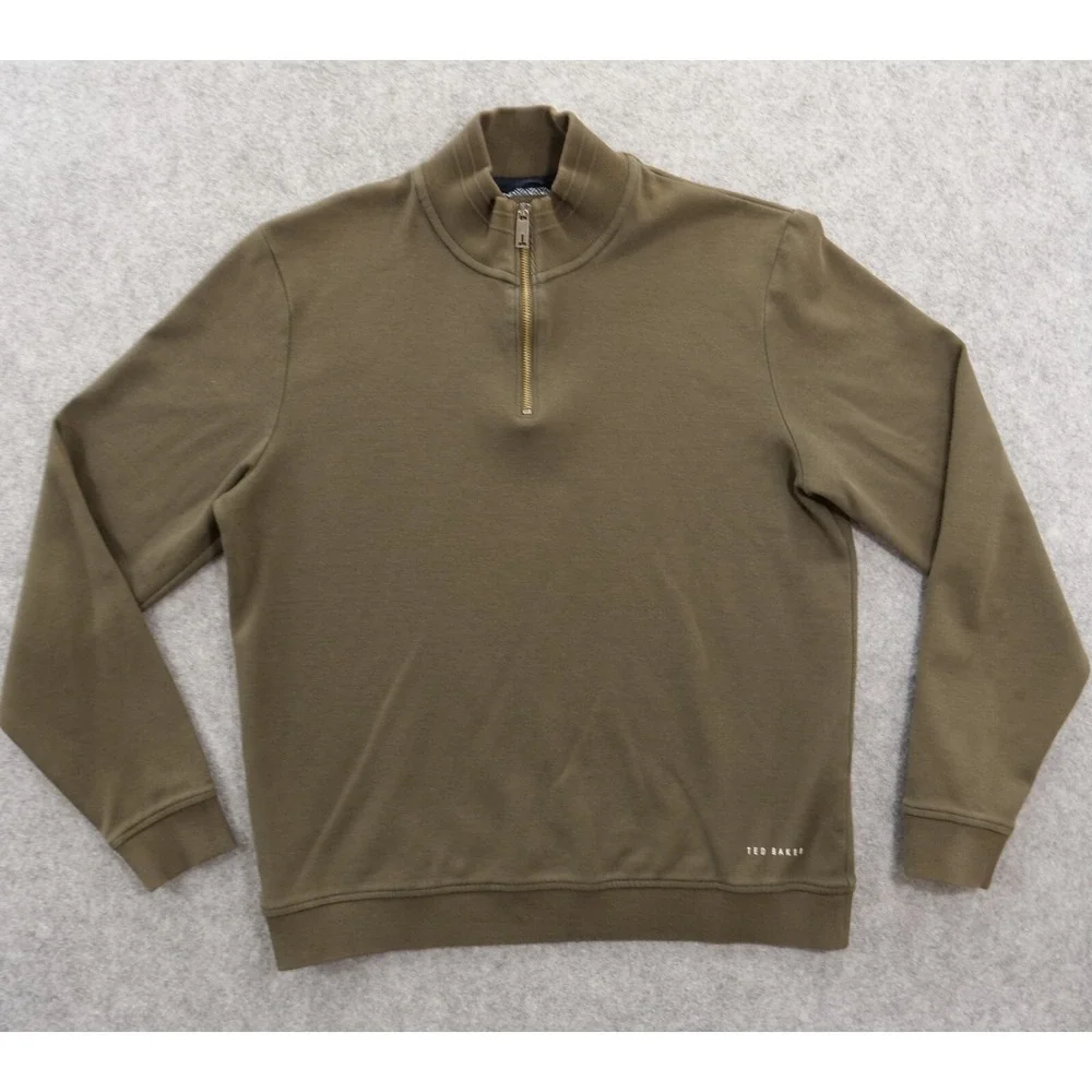 Ted Baker Sweater Mens Large Brown Knit Pullover Long Sleeve Mock Neck 1/4 Zip